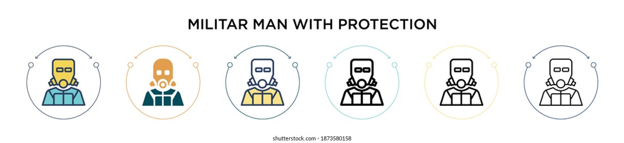 Militar man with protection icon in filled, thin line, outline and stroke style. Vector illustration of two colored and black militar man with protection vector icons designs can be used for mobile, 