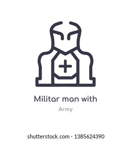 militar man with protection outline icon. isolated line vector illustration from army collection. editable thin stroke militar man with protection icon on white background