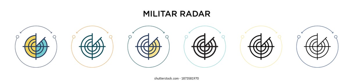 Militar radar icon in filled, thin line, outline and stroke style. Vector illustration of two colored and black militar radar vector icons designs can be used for mobile, ui, web