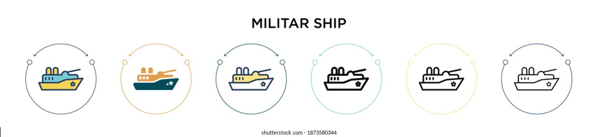 Militar ship icon in filled, thin line, outline and stroke style. Vector illustration of two colored and black militar ship vector icons designs can be used for mobile, ui, web