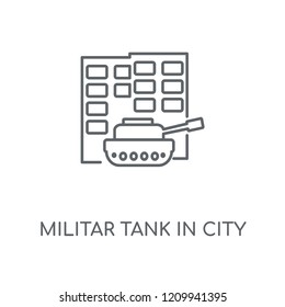 Militar tank in city street linear icon. Militar tank in city street concept stroke symbol design. Thin graphic elements vector illustration, outline pattern on a white background, eps 10.