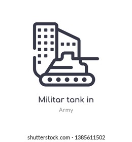 militar tank in city street outline icon. isolated line vector illustration from army collection. editable thin stroke militar tank in city street icon on white background