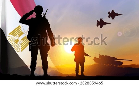 Militarry silhouettes against the sunset with Egypt flag. EPS10 vector