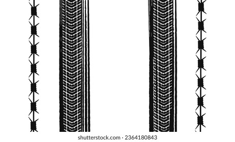 Military actions: tire tracks with thorny patches. Black tire print. Vector illustration isolated on white background.