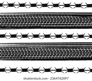 Military actions: tire tracks with thorny patches. Black tire print. Vector illustration isolated on white background.