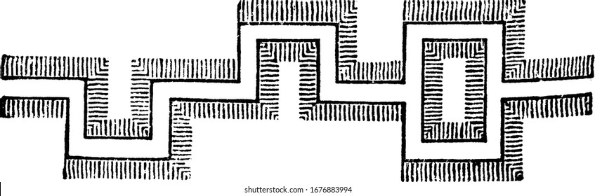 In military affairs, trench by which approach is made to a fortress, when within range of fire. This is sap on a rectangular plan, vintage line drawing or engraving illustration.