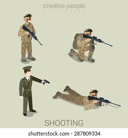 Military Aiming Shooting People In Uniform Flat Isometric 3d Game Avatar User Profile Icon Vector Set. Soldier SWAT Officer Sniper Special Operation Unit. Build Your Own World Web Collection.