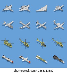 Military Air Forces Isometric Set With Intercontinental Ballistic Missile Stealth Bomber Fighter Attack Helicopter Interceptor Vector Illustration     