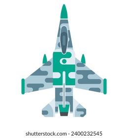 Military air plane in flat design. Geometric fighter aircraft with camouflage color. Air force combat jet icon.