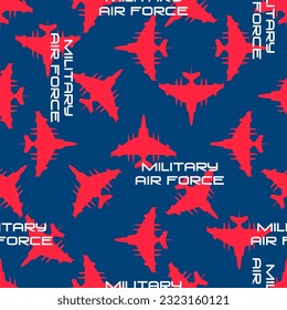 Military air seamless pattern. Red contours of military aircraft and white inscriptions on a blue background. Vector.
