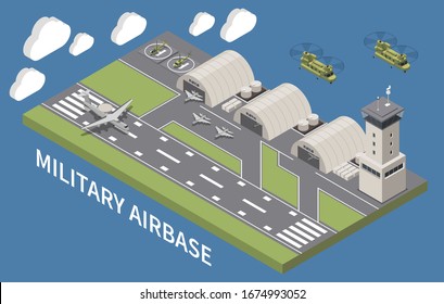 Military Airbase Airfield Aerodrome Facility With Hangars Traffic Control Tower Landing Aircraft Flying Helicopters Isometric Vector Illustration 