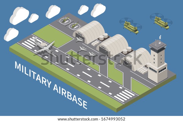 Military airbase airfield aerodrome\
facility with hangars traffic control tower landing aircraft flying\
helicopters isometric vector illustration\
