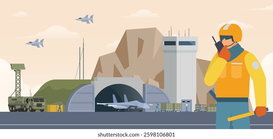 Military airbase background. Vector landscape illustration editable modular elements