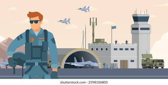 Military airbase background. Vector landscape illustration editable modular elements