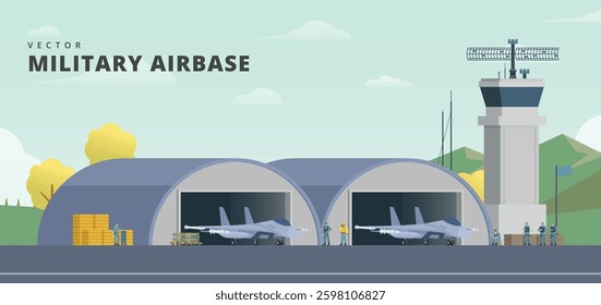 Military airbase background. Vector landscape illustration editable modular elements
