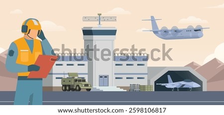 Military airbase background. Vector landscape illustration editable modular elements