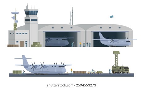 Military Airbase Vector Illustration. Aircraft, Vehicles, Staff, and Editable Modular Infographic Elements