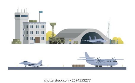 Military Airbase Vector Illustration. Aircraft, Vehicles, Staff, and Editable Modular Infographic Elements