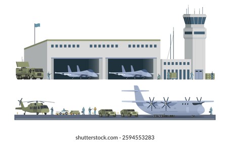 Military Airbase Vector Illustration. Aircraft, Vehicles, Staff, and Editable Modular Infographic Elements