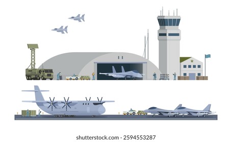 Military Airbase Vector Illustration. Aircraft, Vehicles, Staff, and Editable Modular Infographic Elements