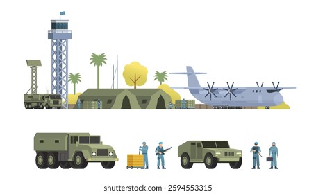 Military Airbase Vector Illustration. Aircraft, Vehicles, Staff, and Editable Modular Infographic Elements