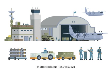 Military Airbase Vector Illustration. Aircraft, Vehicles, Staff, and Editable Modular Infographic Elements