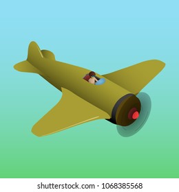 A military aircraft in the air is controlled by a pilot. The old plane is isometric and in vector.