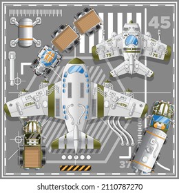 Military Aircraft At The Airport. View From Above. Vector Illustration.