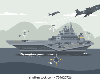 Military Aircraft Carrier. Huge Warship With Airplanes And Helicopters. Vector Illustration