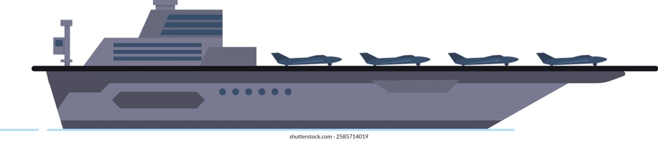 Military aircraft carrier sailing through the ocean, featuring fighter jets parked on the deck, symbolizing naval power and military defense capabilities