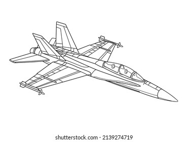 Military aircraft coloring page for book and drawing. War-plane. Airplane. Vector illustration. Black outline drawing. Isolated