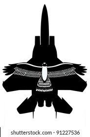 Military aircraft and an eagle. Black and white illustration.