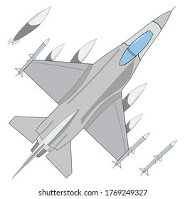 Military aircraft fighter. Top view. Set with missiles and bombs
