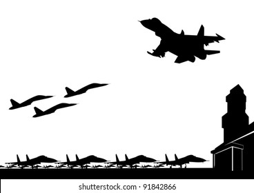 Military aircraft on the airfield. Black and white illustration.