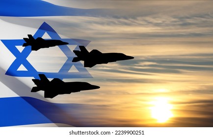 Avión militar sobre el fondo de la puesta de sol y la bandera de Israel. Concepto de la Fuerza Aérea. Vector EPS10