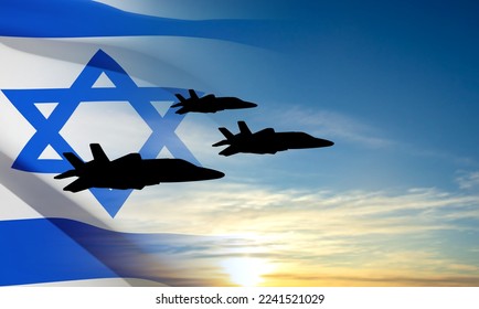 Military aircraft on background of sunset and flag of Israel. Air Force concept. EPS10 vector