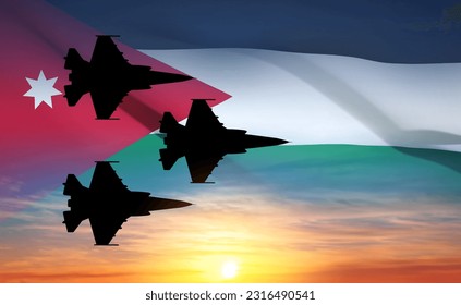 Military aircraft on background of sunset and flag of Jordan. Air Force concept. EPS10 vector