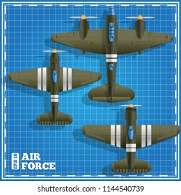Military aircraft on a blue background. View from above. Vector illustration.