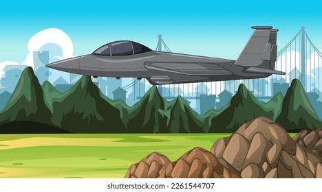 Military aircraft with outdoor scene background illustration