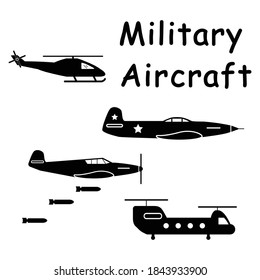 Military Aircraft Planes Helicopter. Pictogram Depicting Aircraft Machines Used In Aerial Warfare Such As Fighter Jets And Helicopters. EPS Vector