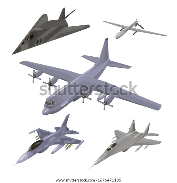Military aircraft\
set. Fighter jet, F-117 Nighthawk, interceptor, cargo airplane, spy\
drone vector illustrations set isolated. Army flying machine. For\
military aviation\
concepts