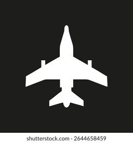 Military aircraft silhouette logo.White icon airplane isolated on black background.Vector illustration side view.