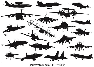 Military Aircraft Silhouettes Collection. Vector On Separate Layers