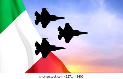 Military aircraft silhouettes with Italy flag against the sunset sky. Air Force Day. Italian Air Force.