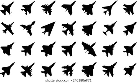 Military aircrafts icon set. Fighters and bombers silhouettes. Isolated vector illustrations on white background. 