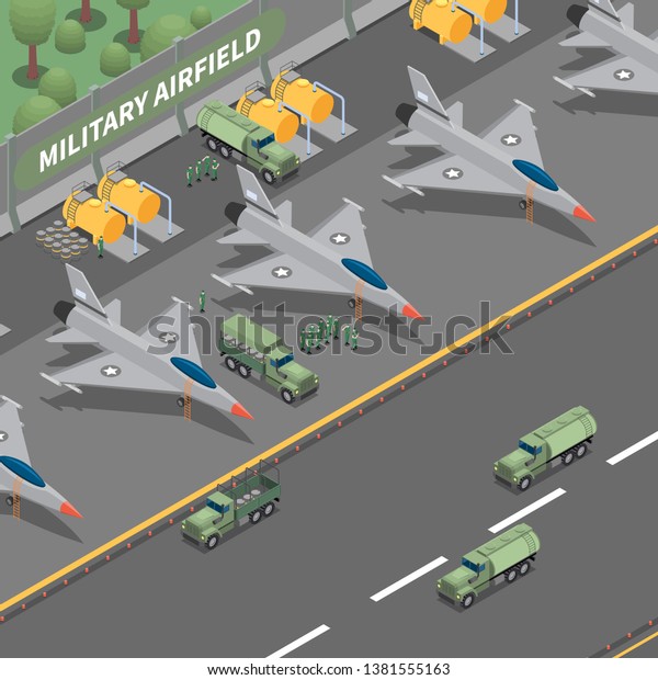 Military airfield isometric composition\
representing landing cargo airplanes fuel tanks trucks and soldier\
vector illustration