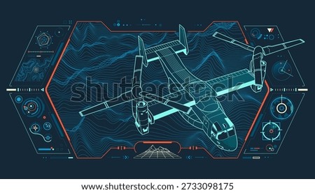 military airplane or aerial mapping technology, graphic of lined helicopter with topographic background and futuristic geographic interface