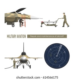 Military Airplane. Repair And Maintenance Of War Aircraft. Aerospace Industry. Vector Illustration