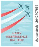 Military Airplanes flying with Red and White Trails. Peruvian National Flag Colors. Independence Day Celebration. July 28 Holiday Concept. Clouds and Sky Background. Vertical Flat Vector Illustration.