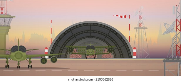 Military Airport, Runway And Aviation Control Point. Cartoon Style.